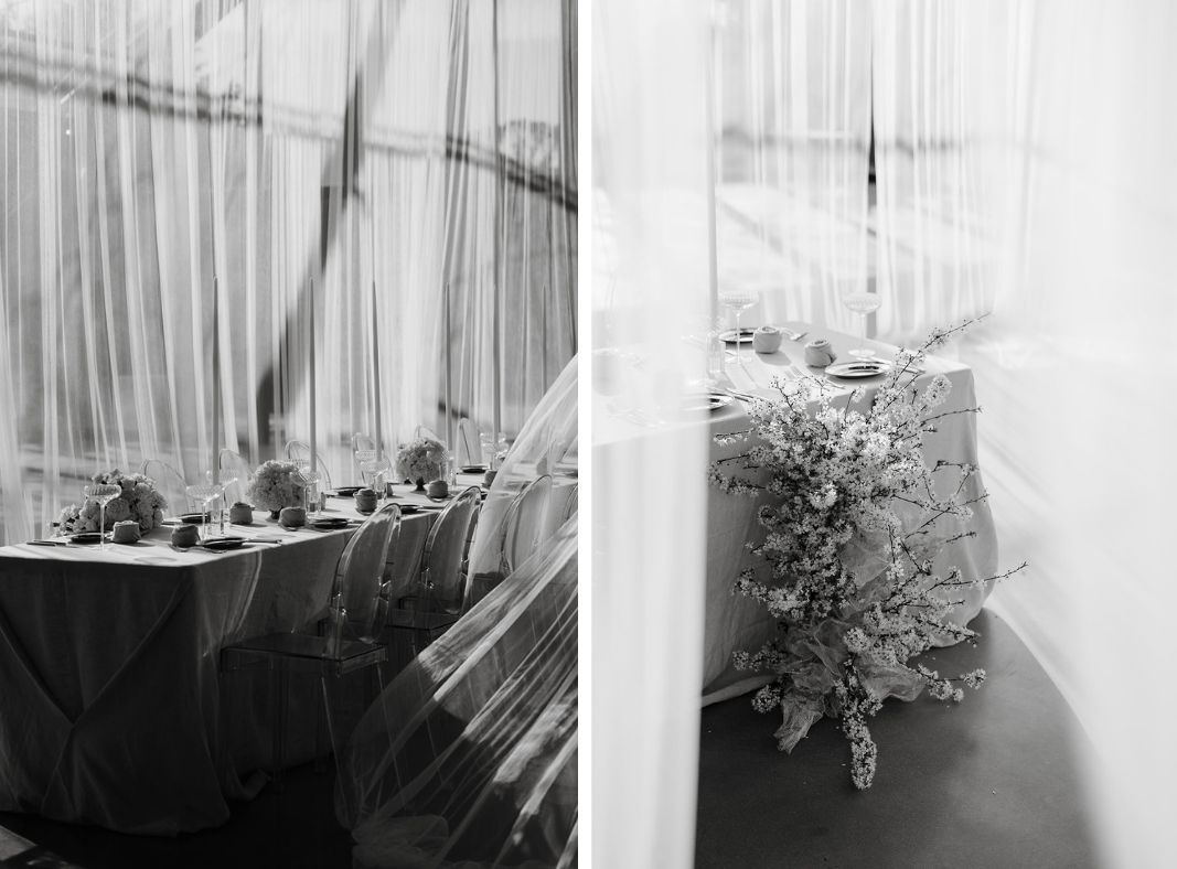 Wedding table styling with draping in the glass atrium at Alora Macedon